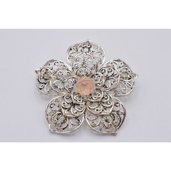Monet Vintage Pin Brooch Silver Filigree Pink Crystal Flower Shiny Signed Bin5B - Picture 3 of 12